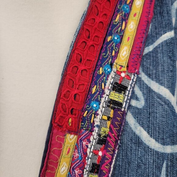 Chico's Blue Jean Denim Jacket with Multicolor Trim Bleached Floral Pattern - Picture 4 of 12